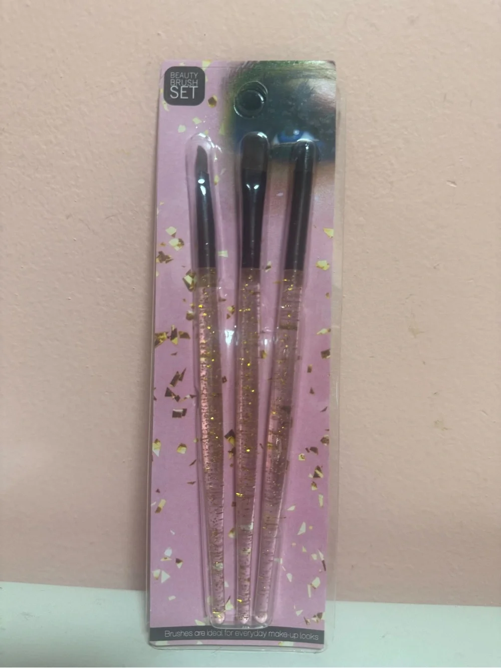 3-Piece Makeup Brush Set Includes Brushes, Pink & Black Plastic Handles